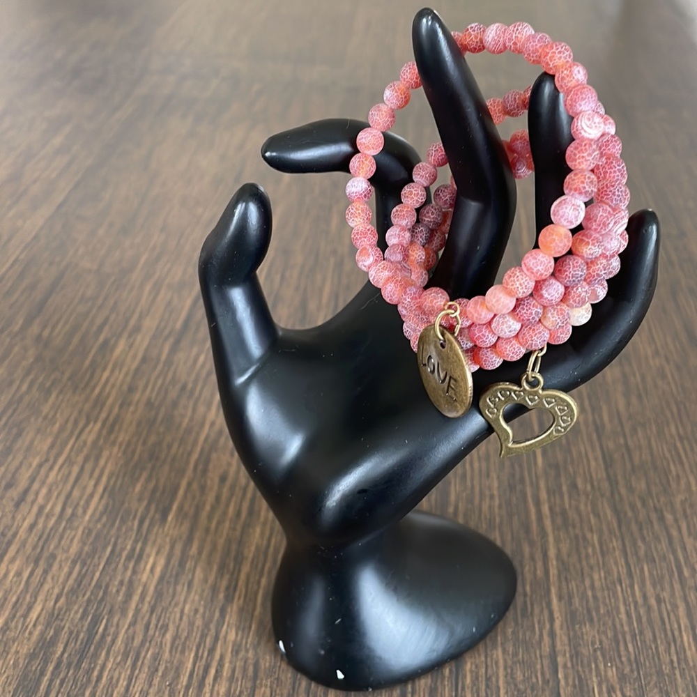 HAND CRAFTED BRACELET Red Pink Orange Snakeskin Agate Memory Stacked Lay… - Picture 3 of 7